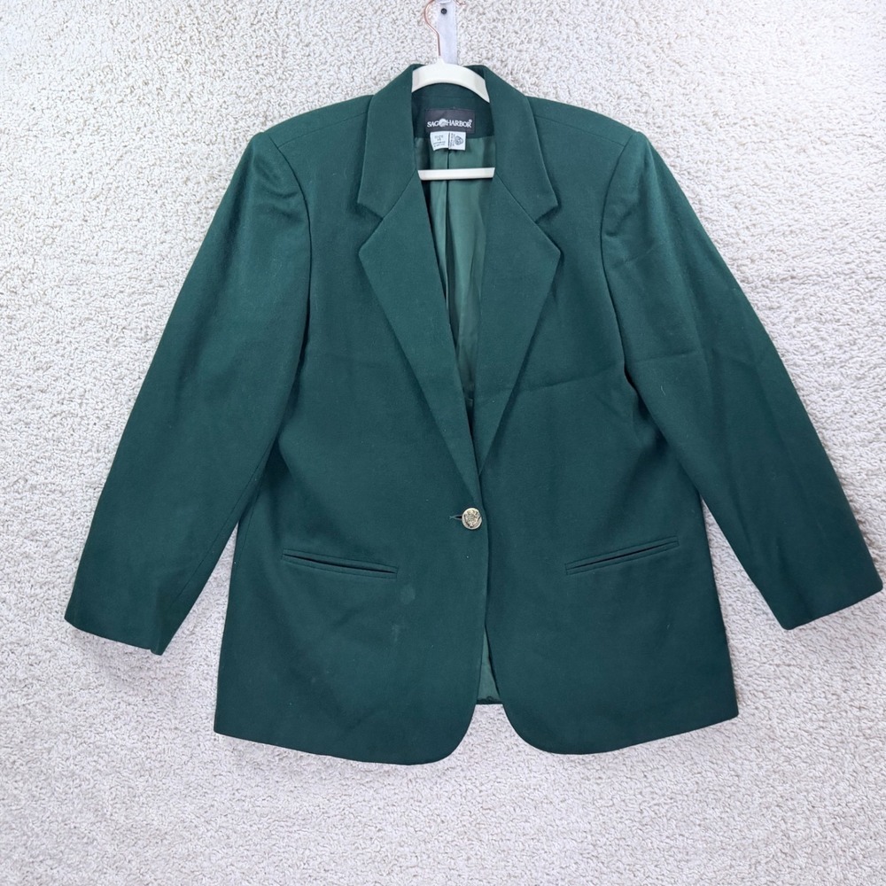 Sag Harbor Blazer Women Size 14 Green Good 100% Wool Single Button Vintage